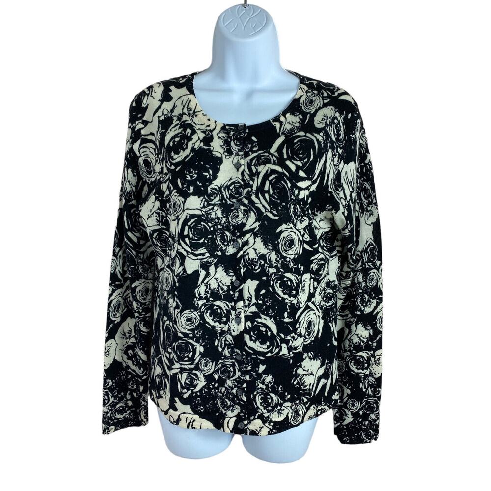 Lord & Taylor 100% Merino Wool Cardigan Sweater Women’s Medium Black White Rose